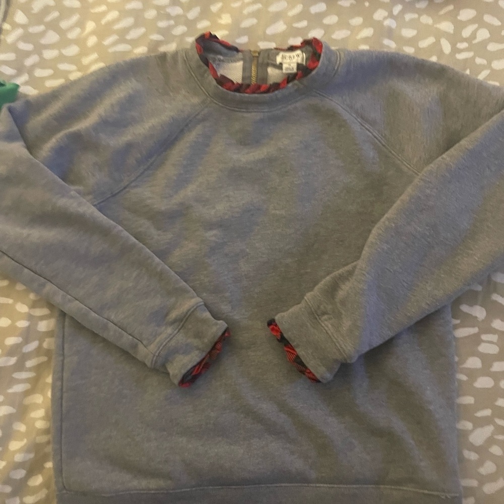 J. Crew grey sweat shirt with red and black buffalo check  ruffle trim.